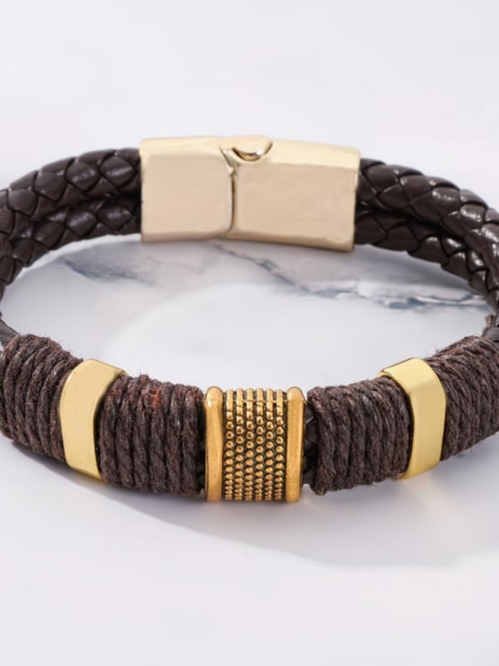 Mens Brown Leather Bracelet with Decorative Gold and Black Metal